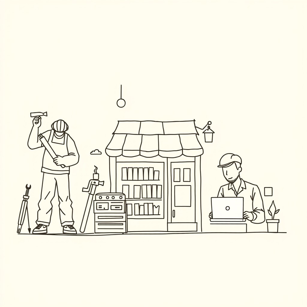 A professional doodle-style illustration created for a corporate presentation, showcasing a sketch of diverse small businesses including a carpenter with tools, a shopkeeper attending to products, and an IT worker focused on a laptop