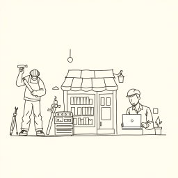 A professional doodle-style illustration created for a corporate presentation, showcasing a sketch of diverse small businesses including a carpenter with tools, a shopkeeper attending to products, and an IT worker focused on a laptop