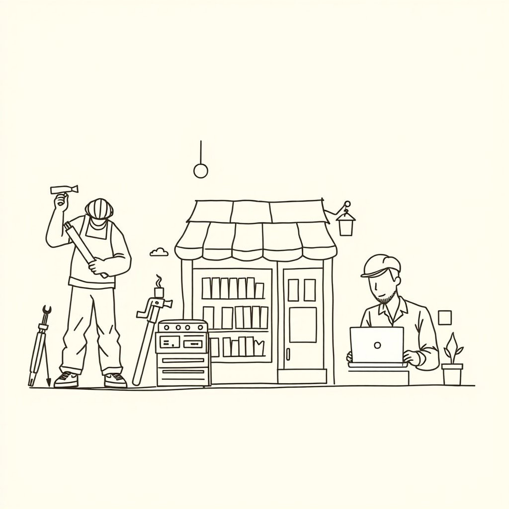 A professional doodle-style illustration created for a corporate presentation, showcasing a sketch of diverse small businesses including a carpenter with tools, a shopkeeper attending to products, and an IT worker focused on a laptop