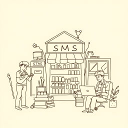 A professional doodle-style illustration created for a corporate presentation, showcasing a sketch of diverse small businesses including a carpenter with tools, a shopkeeper attending to products, and an IT worker focused on a laptop