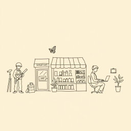 A professional doodle-style illustration created for a corporate presentation, showcasing a sketch of diverse small businesses including a carpenter with tools, a shopkeeper attending to products, and an IT worker focused on a laptop