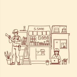 A professional doodle-style illustration created for a corporate presentation, showcasing a sketch of diverse small businesses including a carpenter with tools, a shopkeeper attending to products, and an IT worker focused on a laptop