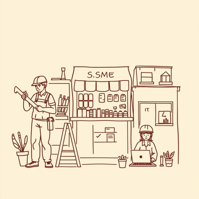 A professional doodle-style illustration created for a corporate presentation, showcasing a sketch of diverse small businesses including a carpenter with tools, a shopkeeper attending to products, and an IT worker focused on a laptop