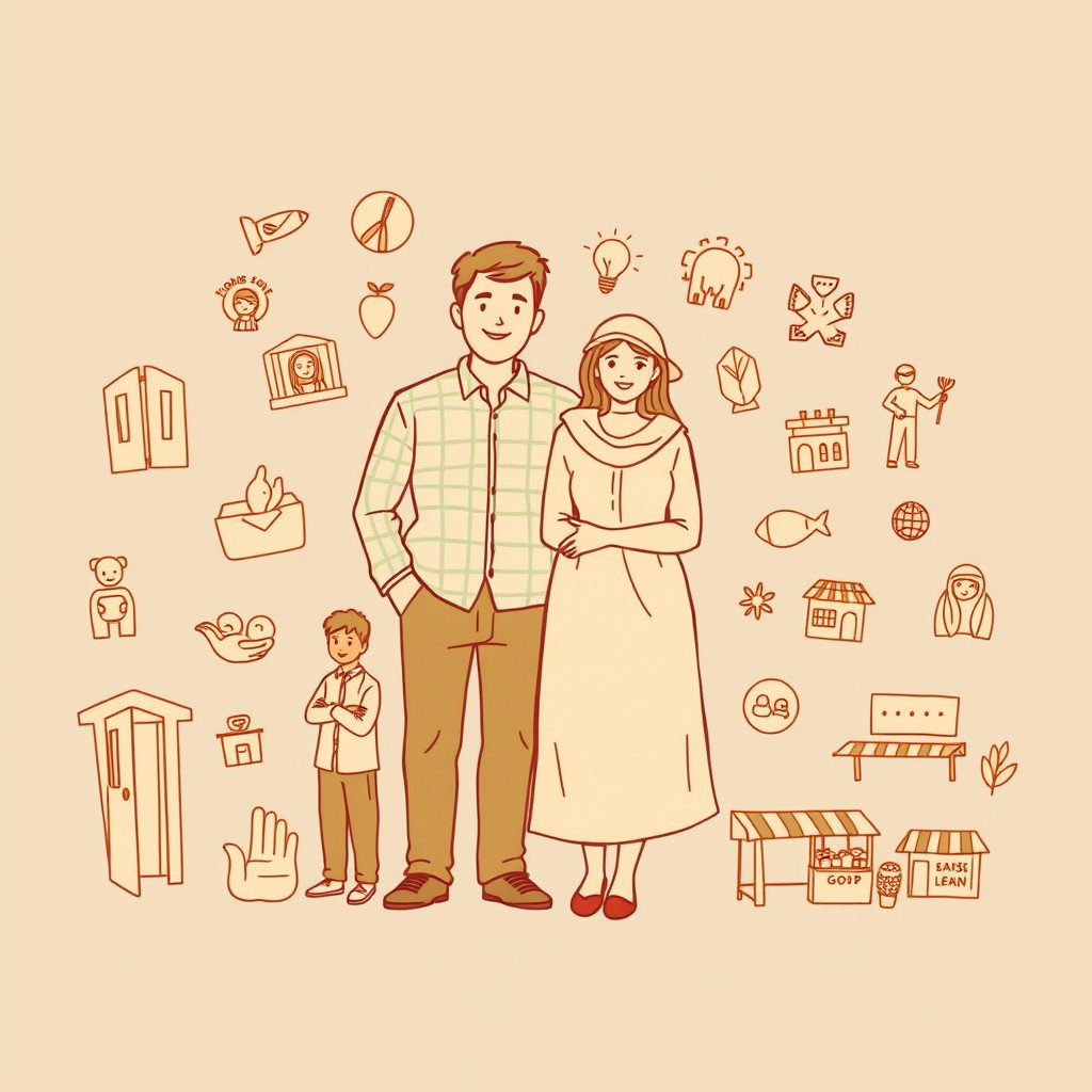 A professional doodle-style illustration designed for a corporate presentation, depicting a family standing together, surrounded by icons representing opportunity including a young graduate, a woman entrepreneur, a youth in hospitality uniform, and vulnerable groups such as artisans and farmers, shown with dignity in their work