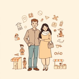 A professional doodle-style illustration designed for a corporate presentation, depicting a family standing together, surrounded by icons representing opportunity including a young graduate, a woman entrepreneur, a youth in hospitality uniform, and vulnerable groups such as artisans and farmers, shown with dignity in their work