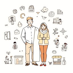 A professional doodle-style illustration designed for a corporate presentation, depicting a family standing together, surrounded by icons representing opportunity including a young graduate, a woman entrepreneur, a youth in hospitality uniform, and vulnerable groups such as artisans and farmers, shown with dignity in their work