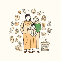 A professional doodle-style illustration designed for a corporate presentation, depicting a family standing together, surrounded by icons representing opportunity including a young graduate, a woman entrepreneur, a youth in hospitality uniform, and vulnerable groups such as artisans and farmers, shown with dignity in their work