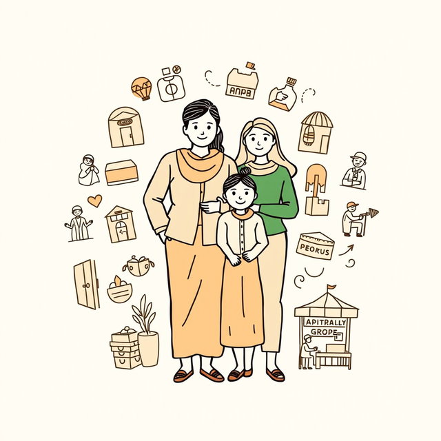 A professional doodle-style illustration designed for a corporate presentation, depicting a family standing together, surrounded by icons representing opportunity including a young graduate, a woman entrepreneur, a youth in hospitality uniform, and vulnerable groups such as artisans and farmers, shown with dignity in their work