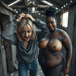 Inside an abandoned, run-down shack, a 19-year-old malnourished blonde African woman is portrayed in a state of despair