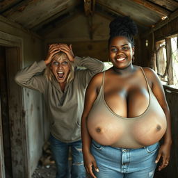 Inside an abandoned, run-down shack, a 19-year-old malnourished blonde African woman is portrayed in a state of despair