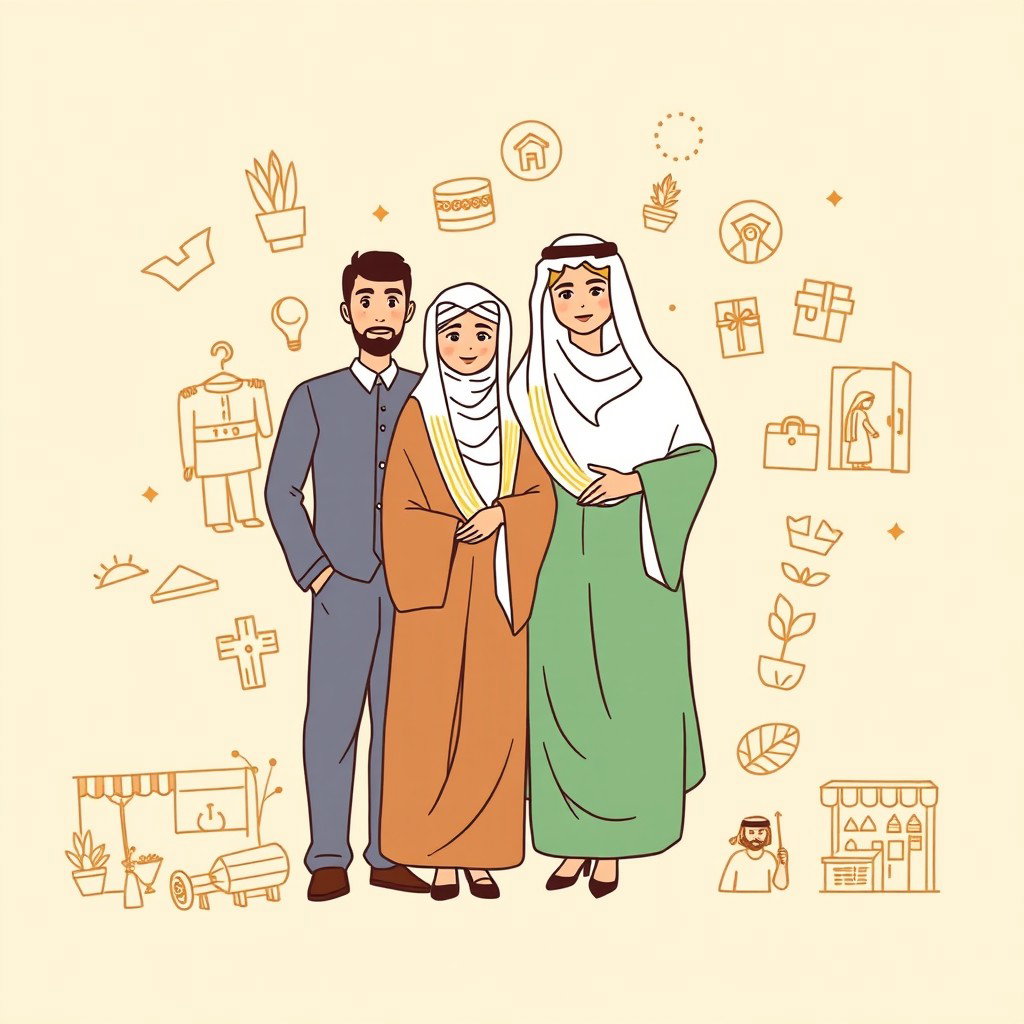 A professional doodle-style illustration designed for a corporate presentation, featuring an Arabic Saudi Arabian family standing together, surrounded by icons of opportunity including a young graduate, a woman entrepreneur, a youth in hospitality uniform, and vulnerable groups like artisans and farmers, depicted with dignity in their work