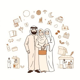 A professional doodle-style illustration designed for a corporate presentation, featuring an Arabic Saudi Arabian family standing together, surrounded by icons of opportunity including a young graduate, a woman entrepreneur, a youth in hospitality uniform, and vulnerable groups like artisans and farmers, depicted with dignity in their work