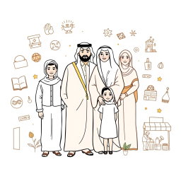 A professional doodle-style illustration designed for a corporate presentation, featuring an Arabic Saudi Arabian family standing together, surrounded by icons of opportunity including a young graduate, a woman entrepreneur, a youth in hospitality uniform, and vulnerable groups like artisans and farmers, depicted with dignity in their work