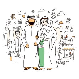 A professional doodle-style illustration designed for a corporate presentation, featuring an Arabic Saudi Arabian family standing together, surrounded by icons of opportunity including a young graduate, a woman entrepreneur, a youth in hospitality uniform, and vulnerable groups like artisans and farmers, depicted with dignity in their work