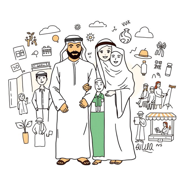 A professional doodle-style illustration designed for a corporate presentation, featuring an Arabic Saudi Arabian family standing together, surrounded by icons of opportunity including a young graduate, a woman entrepreneur, a youth in hospitality uniform, and vulnerable groups like artisans and farmers, depicted with dignity in their work