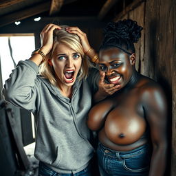 Inside an abandoned, run-down shack, a 19-year-old malnourished blonde African woman with striking blue eyes is portrayed in a state of despair
