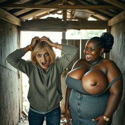 Inside an abandoned, run-down shack, a 19-year-old malnourished blonde African woman with striking blue eyes is portrayed in a state of despair