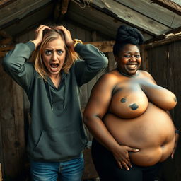 Inside an abandoned, run-down shack, a 19-year-old malnourished blonde African woman with striking blue eyes is portrayed in a state of despair