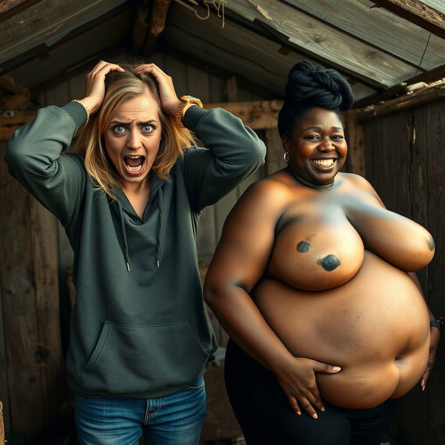 Inside an abandoned, run-down shack, a 19-year-old malnourished blonde African woman with striking blue eyes is portrayed in a state of despair