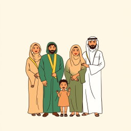 A professional doodle-style illustration suitable for a corporate presentation, depicting an Arabic Saudi Arabian family standing together in a warm and inviting composition