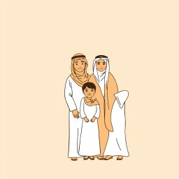 A professional doodle-style illustration suitable for a corporate presentation, depicting an Arabic Saudi Arabian family standing together in a warm and inviting composition