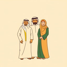 A professional doodle-style illustration suitable for a corporate presentation, depicting an Arabic Saudi Arabian family standing together in a warm and inviting composition