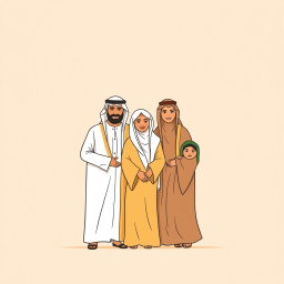 A professional doodle-style illustration suitable for a corporate presentation, depicting an Arabic Saudi Arabian family standing together in a warm and inviting composition
