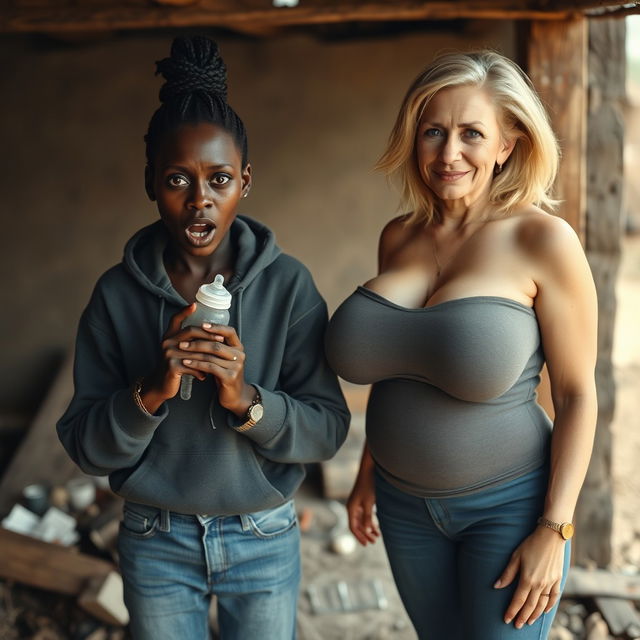 In an abandoned poor shack, a malnourished and desperate 19-year-old African woman stands out with her very dark skin