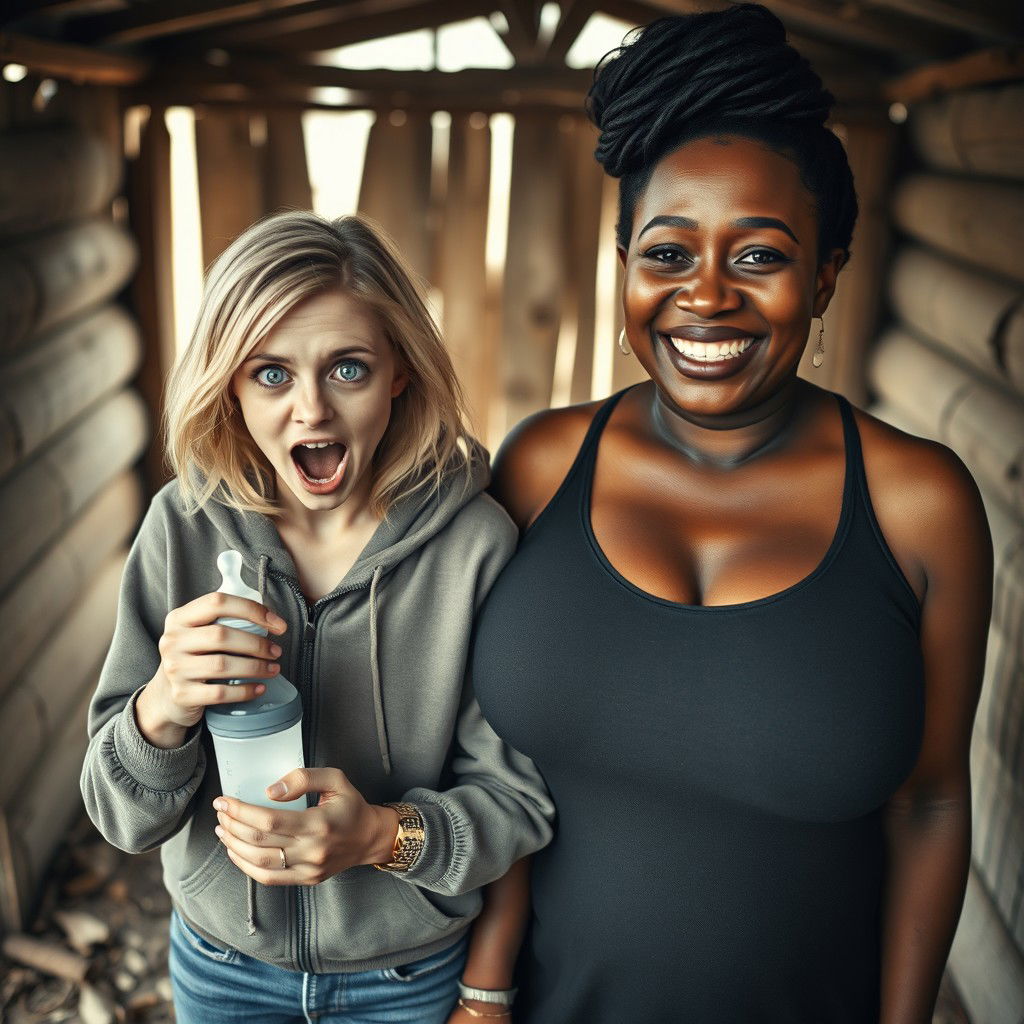 In an abandoned poor shack, a 19-year-old malnourished blonde woman with blue eyes holds a baby bottle