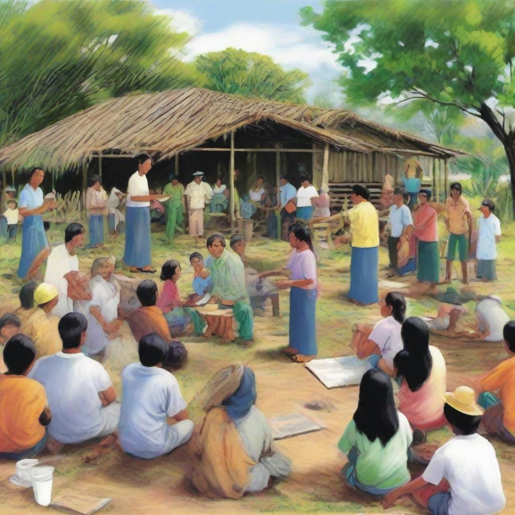 A detailed depiction of a rural Filipino barangay, with community members attentively participating in a local meeting, addressing issues such as community clean-up and maintenance, symbolizing the common recent community concerns.