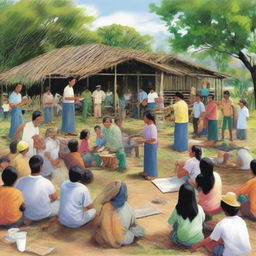 A detailed depiction of a rural Filipino barangay, with community members attentively participating in a local meeting, addressing issues such as community clean-up and maintenance, symbolizing the common recent community concerns.