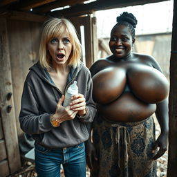In an abandoned poor shack, a 19-year-old malnourished blonde woman with blue eyes holds a baby bottle