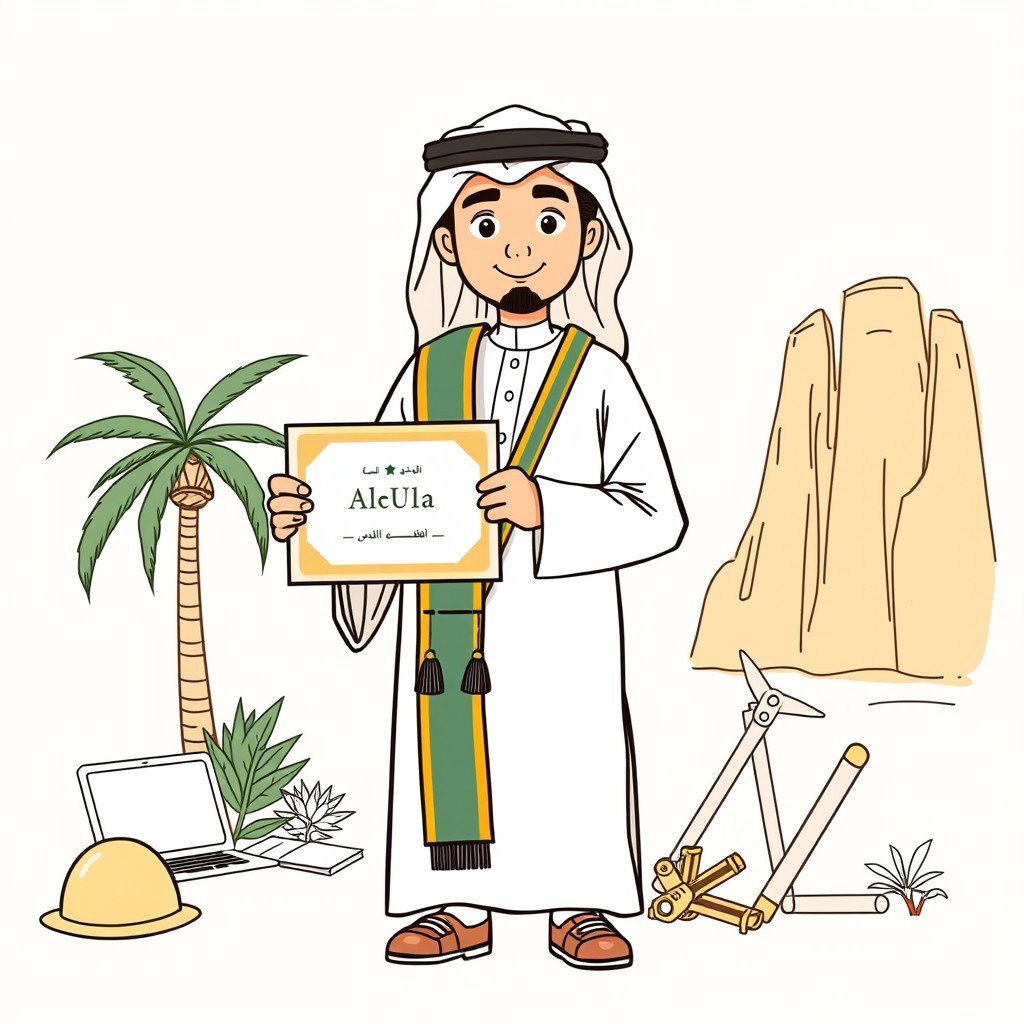 A professional doodle-style illustration created for a corporate presentation, featuring a young AlUla graduate dressed in a traditional Saudi thobe and sash, holding a certificate proudly