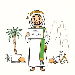 A professional doodle-style illustration created for a corporate presentation, featuring a young AlUla graduate dressed in a traditional Saudi thobe and sash, holding a certificate proudly