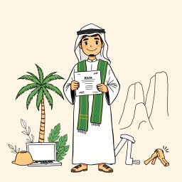 A professional doodle-style illustration created for a corporate presentation, featuring a young AlUla graduate dressed in a traditional Saudi thobe and sash, holding a certificate proudly