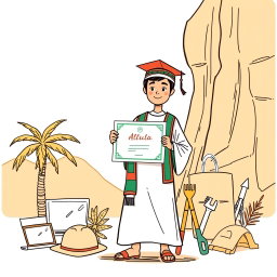 A professional doodle-style illustration created for a corporate presentation, featuring a young AlUla graduate dressed in a traditional Saudi thobe and sash, holding a certificate proudly