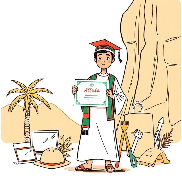 A professional doodle-style illustration created for a corporate presentation, featuring a young AlUla graduate dressed in a traditional Saudi thobe and sash, holding a certificate proudly