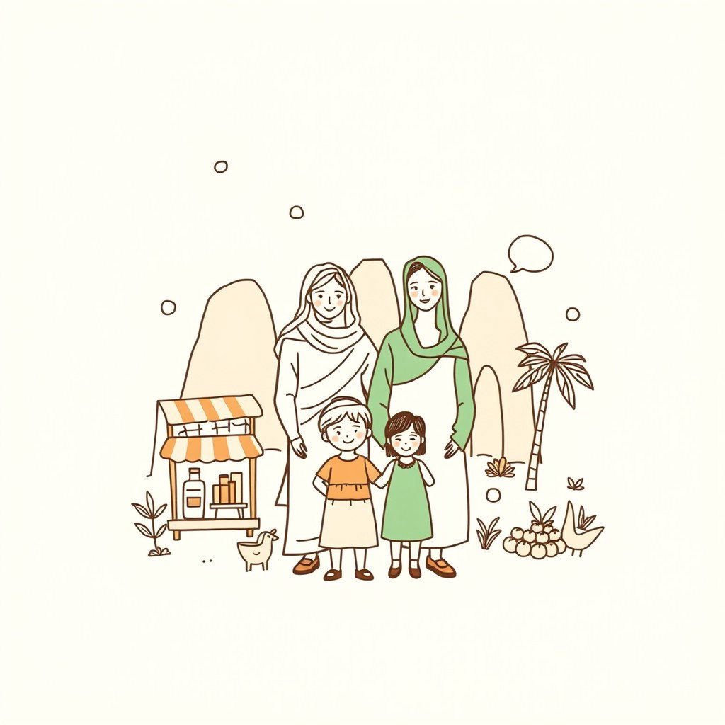 A professional doodle-style illustration created for a corporate presentation, showcasing an AlUla family consisting of parents and children standing together