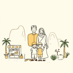 A professional doodle-style illustration created for a corporate presentation, showcasing an AlUla family consisting of parents and children standing together