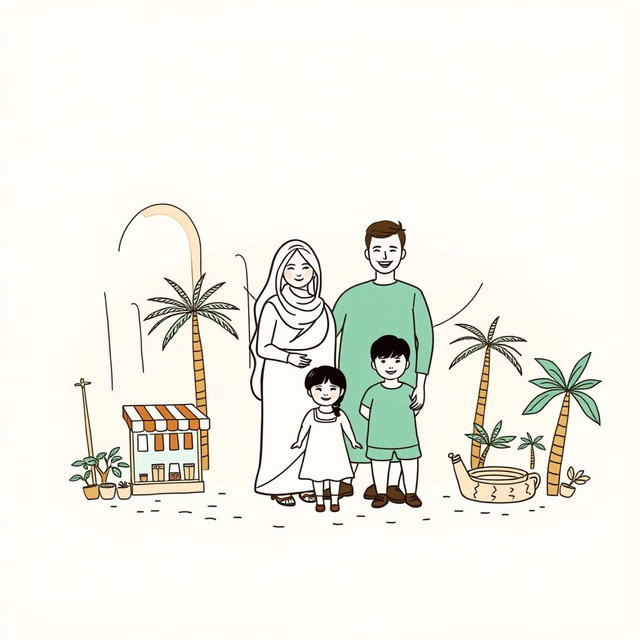 A professional doodle-style illustration created for a corporate presentation, showcasing an AlUla family consisting of parents and children standing together