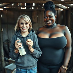 In an abandoned poor shack, a 19-year-old malnourished blonde woman with blue eyes holds a baby bottle