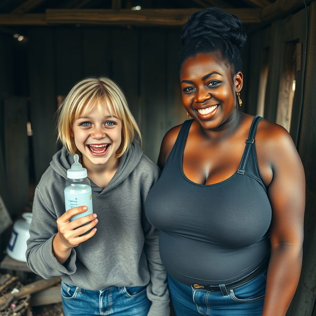 In an abandoned poor shack, a 19-year-old malnourished blonde woman with blue eyes holds a baby bottle