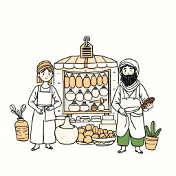 A professional doodle-style illustration tailored for a corporate presentation, showcasing local entrepreneurs operating their own businesses, including a small market shopkeeper, an artisan creating pottery, and a farmer selling dates