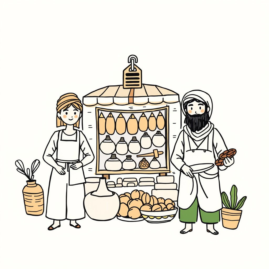A professional doodle-style illustration tailored for a corporate presentation, showcasing local entrepreneurs operating their own businesses, including a small market shopkeeper, an artisan creating pottery, and a farmer selling dates