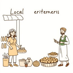 A professional doodle-style illustration tailored for a corporate presentation, showcasing local entrepreneurs operating their own businesses, including a small market shopkeeper, an artisan creating pottery, and a farmer selling dates