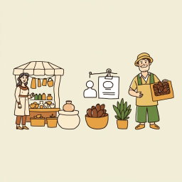 A professional doodle-style illustration tailored for a corporate presentation, showcasing local entrepreneurs operating their own businesses, including a small market shopkeeper, an artisan creating pottery, and a farmer selling dates