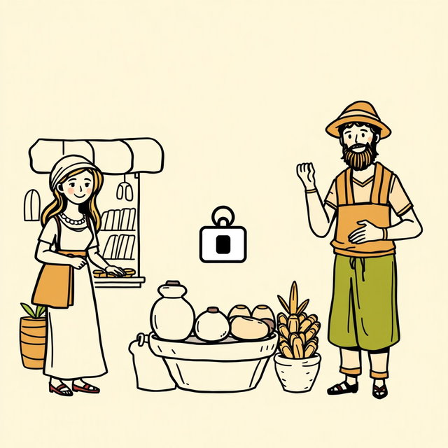 A professional doodle-style illustration tailored for a corporate presentation, showcasing local entrepreneurs operating their own businesses, including a small market shopkeeper, an artisan creating pottery, and a farmer selling dates