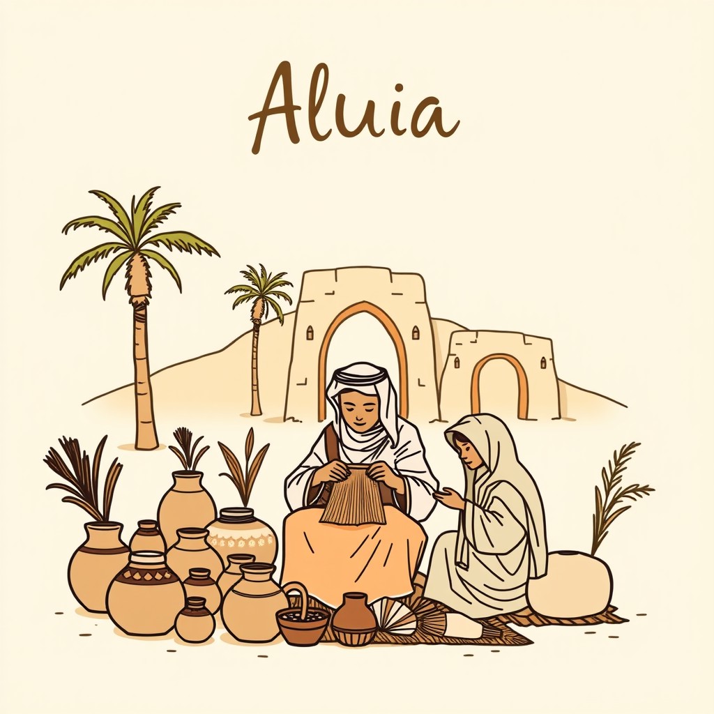 A professional doodle-style illustration for a corporate presentation, depicting an AlUla artisan engaged in weaving or crafting by hand, surrounded by traditional pottery and cultural motifs
