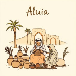 A professional doodle-style illustration for a corporate presentation, depicting an AlUla artisan engaged in weaving or crafting by hand, surrounded by traditional pottery and cultural motifs