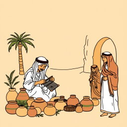 A professional doodle-style illustration for a corporate presentation, depicting an AlUla artisan engaged in weaving or crafting by hand, surrounded by traditional pottery and cultural motifs